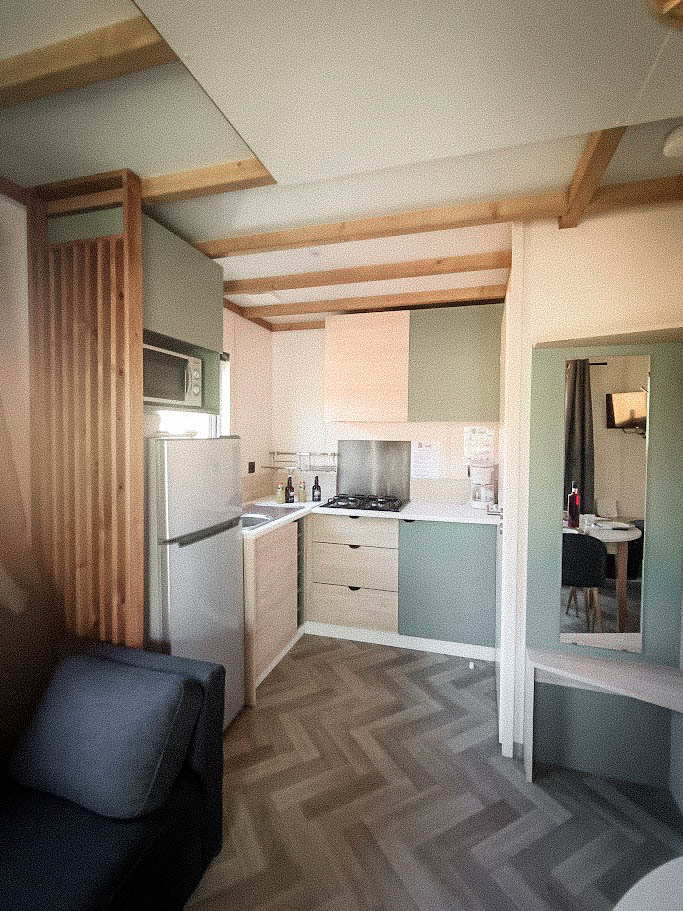 chalet living room and kitchen